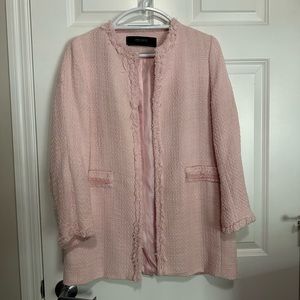 Zara Pink Fringe Trim Long Collarless Blazer Coat Jacket